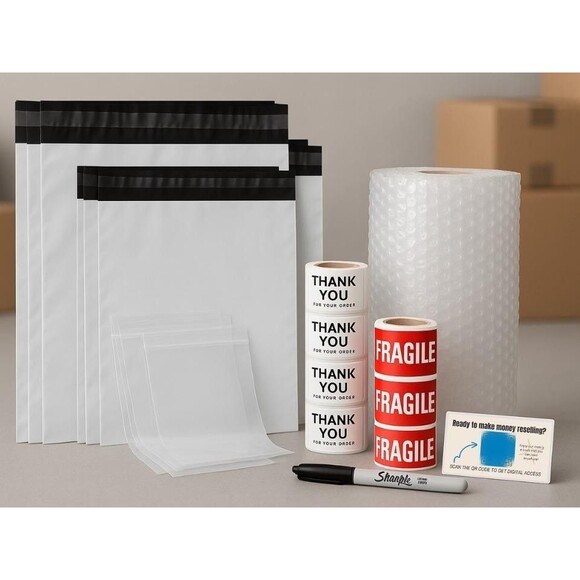 Reselling Starter Kit Shipping Supply Poly Mailer Bags Fragile Label Bubble Wrap - Picture 1 of 6